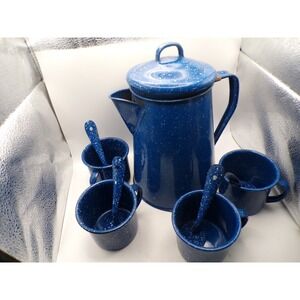Vintage Blue Speckled Enamelware Coffee Pot Set with 4 Cups & Spoons
